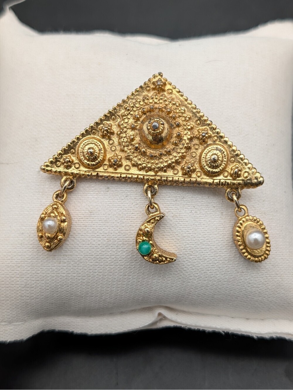 Goldette Gold Tone Triangle Brooch Pin Crescent Moon Faux Pearl Dangle Vintage